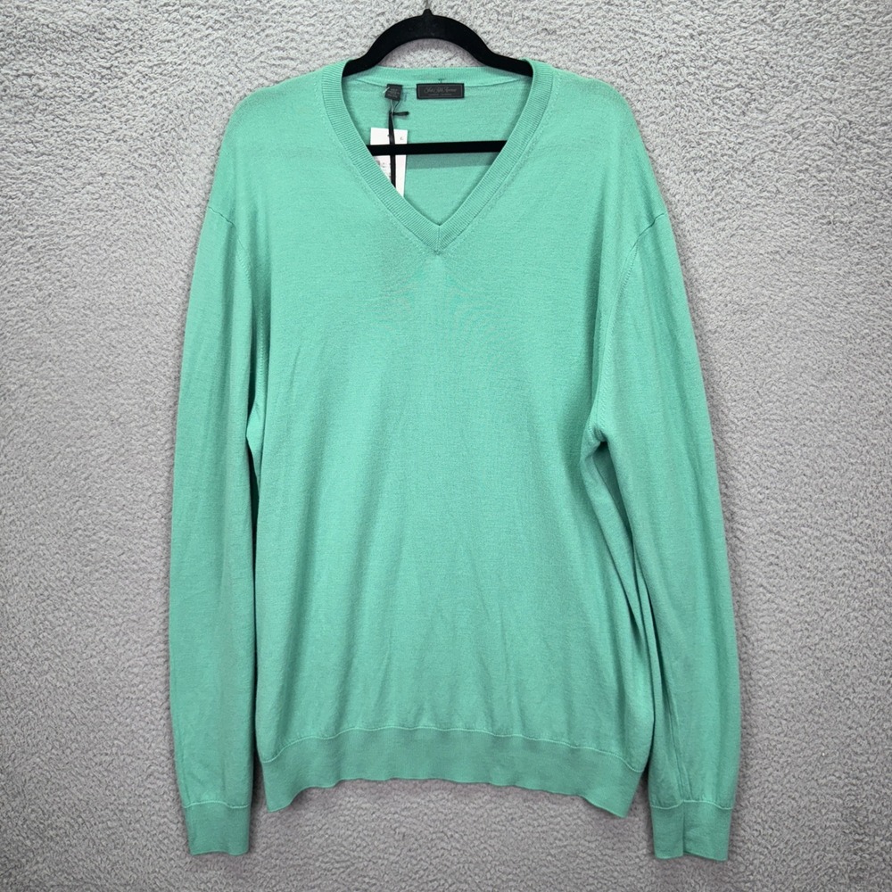 Saks Fifth Avenue Sweater Mens XXL Green 100% Cashmere V-Neck Italy Quiet Luxury